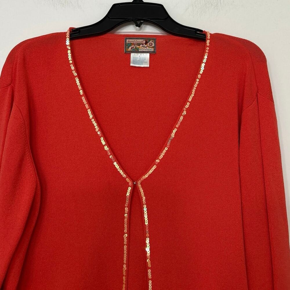 April Cornell VTG Floral Embroidered Open Front Cardigan Sweater Coral Red L - Picture 4 of 11